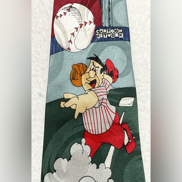 Vintage 1994 Cartoon Network Silk Necktie Baseball Fred Flintstone Yogi Bear - Picture 4 of 11